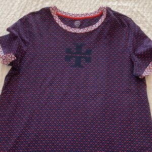 Tory Burch XL  Navy and Red Patterned Tee
